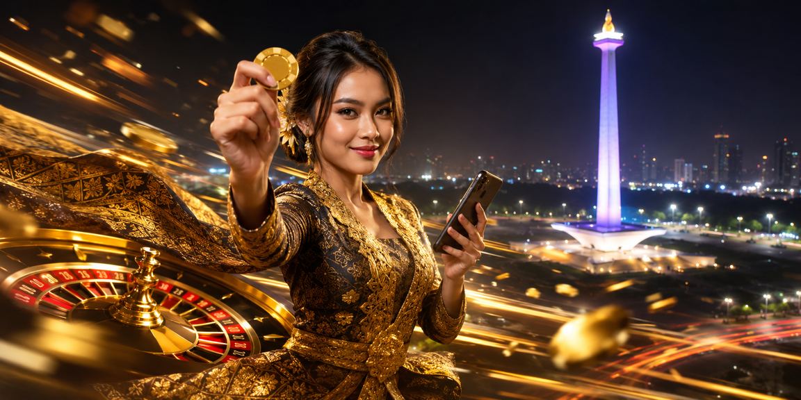 Model perempuan berpose di meja roulette dengan suasana kasino yang elegan